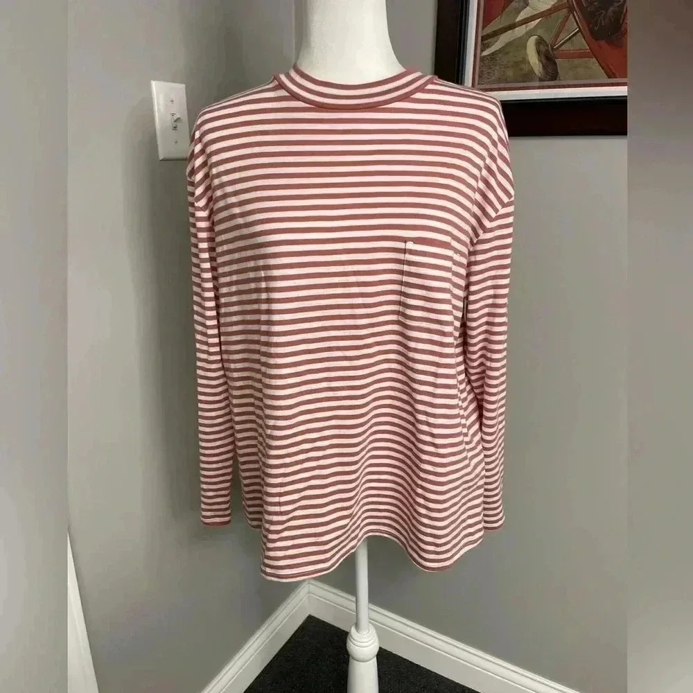 Garnet Hill 100% Pima Cotton White and Dusty Pink Striped Long Sleeve Top Large - Picture 1 of 6